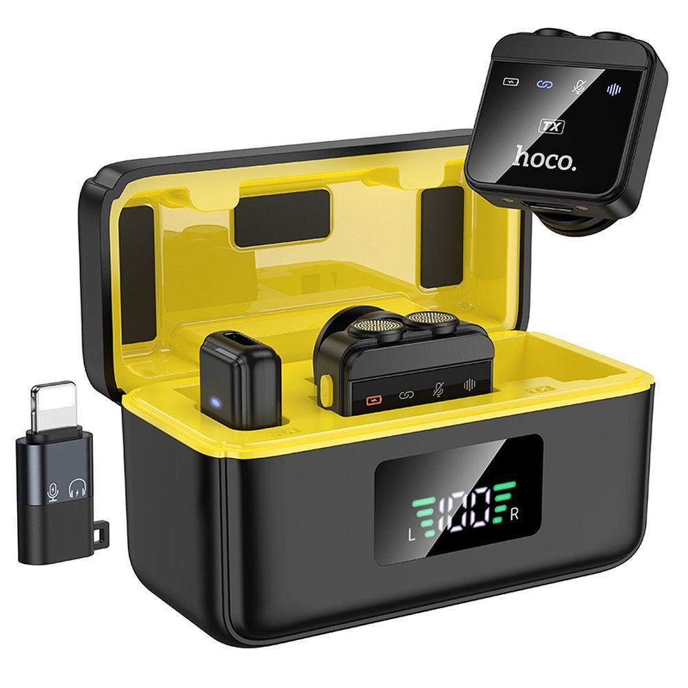 30da295c1f6518b3d357feb928524424 Conjunto de 2 Microfones de Lapela Sem Fio Hoco Lightning/USB C L17 Preto - Image 1